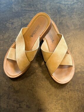 Soda Crisscross Slide Sandals in Tan